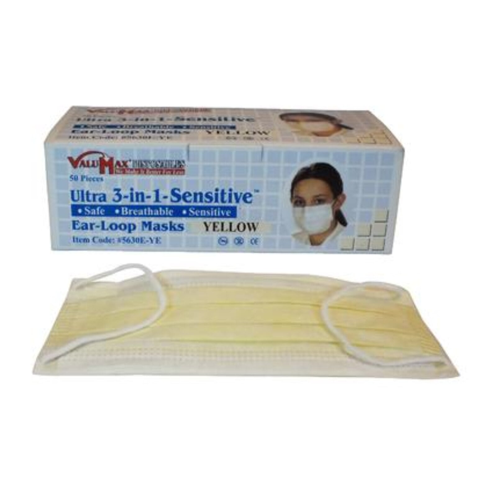 Valumax Ultra 3-in-1 Sensitive Ear-Loop Mask, Yellow, ASTM Level 3, 50/Box