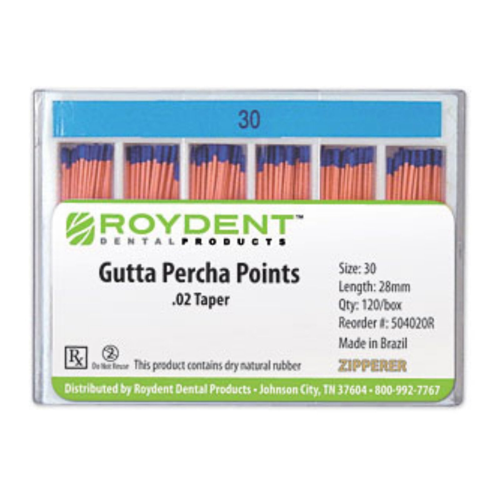 Roydent Dental Gutta Percha Points, .02 Taper, 28mm, Fine-Medium, Machine Rolled, Color Coded, 20/Vial, 6 Vials/Box