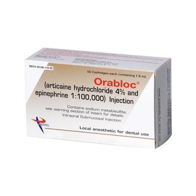 Orabloc Articaine HCl 4% with Epinephrine 1:100,000 Injection Cartridges, 1.8 mL, 50/Box, 2101051