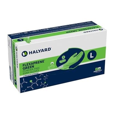 Halyard Flexaprene Green Chloroprene Exam Gloves, Powder-Free, Non-Sterile, Large, Textured Fingertips, 200/Box, 44795