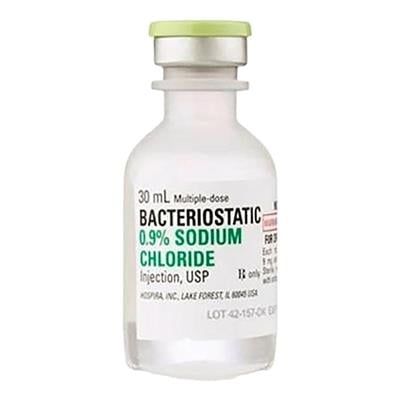Bacteriostatic 0.9% Sodium Chloride Injection, USP, 30 mL Multiple-Dose Fliptop Vial, 25/Box