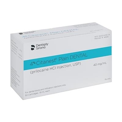 Citanest Plain 4% Prilocaine HCl Injectable Anesthetic, No Vasoconstrictor, 1.8 mL Cartridges, 50/Box, 46616