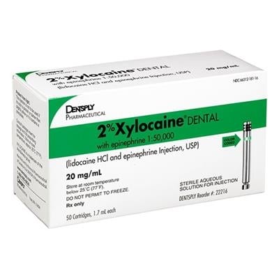 Xylocaine 2% Lidocaine HCl with Epinephrine 1:50,000 Dental Anesthetic Cartridges, 1.7 mL, Green, 50/Box, 22216