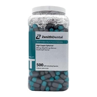 Zenith Type-T Spherical Amalgam Alloy Fast Set, 3 Spill (800 mg), Aqua/White Capsules, 500/Pack, 61037