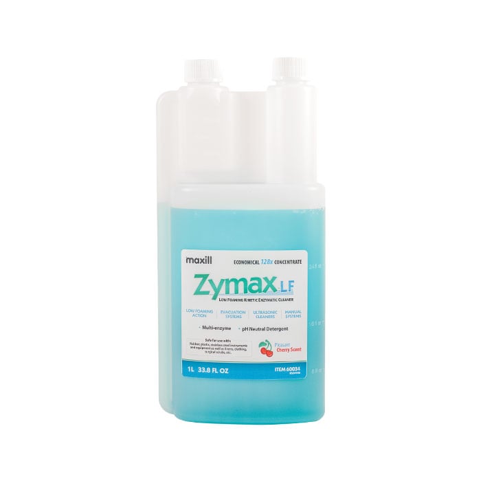 Zymax LF Low Foaming Kinetic Enzymatic Multi-Purpose Evacuation and Ultrasonic Cleaning Solution, 128x Concentrate, Cherry Scent, 1 L Squeeze 'n' Measure Bottle