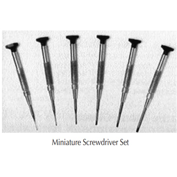 Buffalo Dental Miniature Screwdriver Set of 6, 0.025" - 0.100" Blade Size Range, Hex-Shaped Handles, Nickel-Plated Blades
