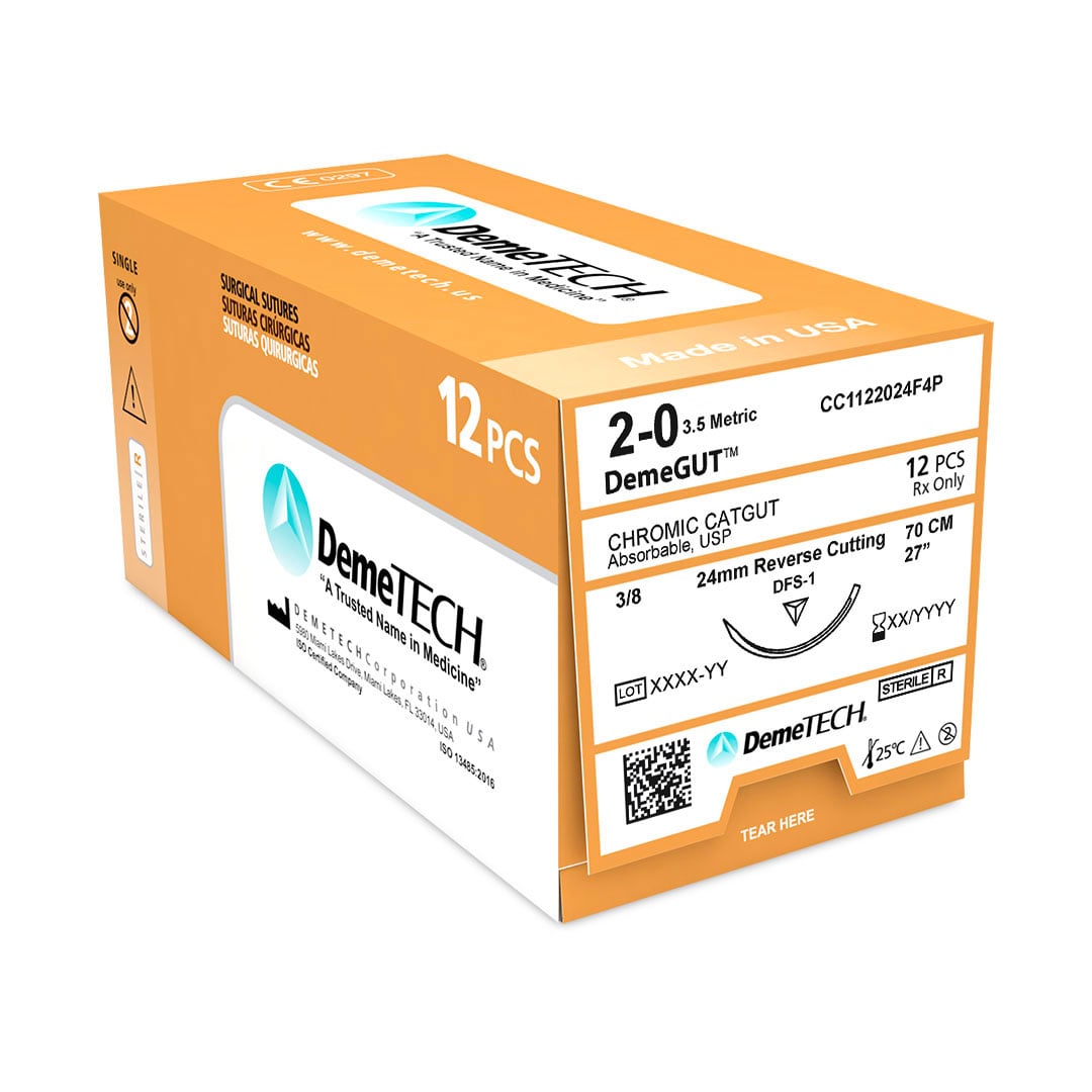 DemeGUT 2/0 Chromic Catgut Absorbable Suture, 27", Brown, Reverse Cutting DFS-1 Needle (24mm, 3/8 Circle), 12/Box