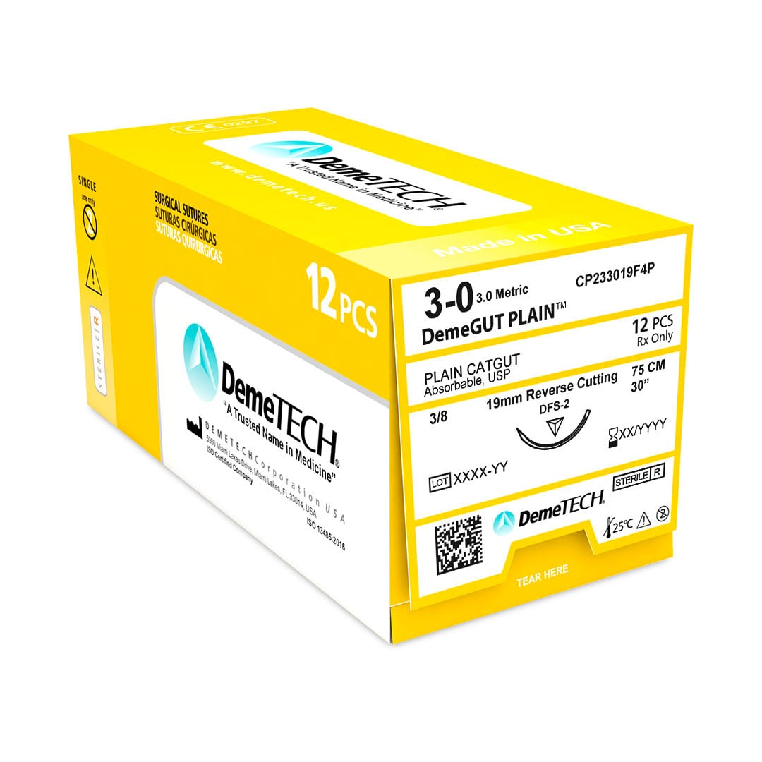 DemeGUT PLAIN 3/0, 30" (75cm) Plain Catgut, Absorbable, Beige Suture, Reverse Cutting DFS-2 Needle (19mm, 3/8 Circle), 12/Box