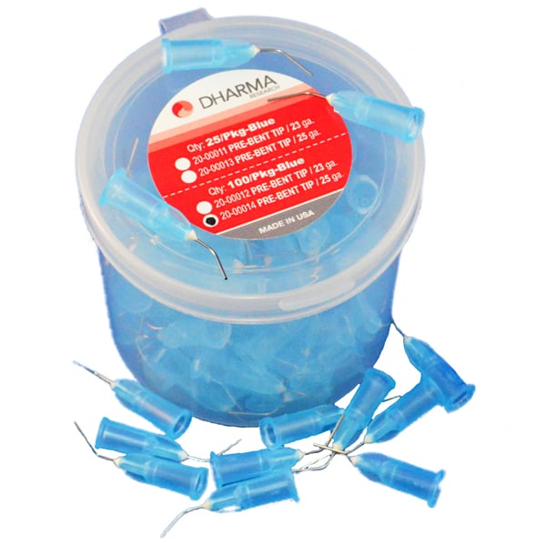 Dharma Research Pre-Bent Needle Applicator Tips, 25 Gauge, Blue, 100/Pack