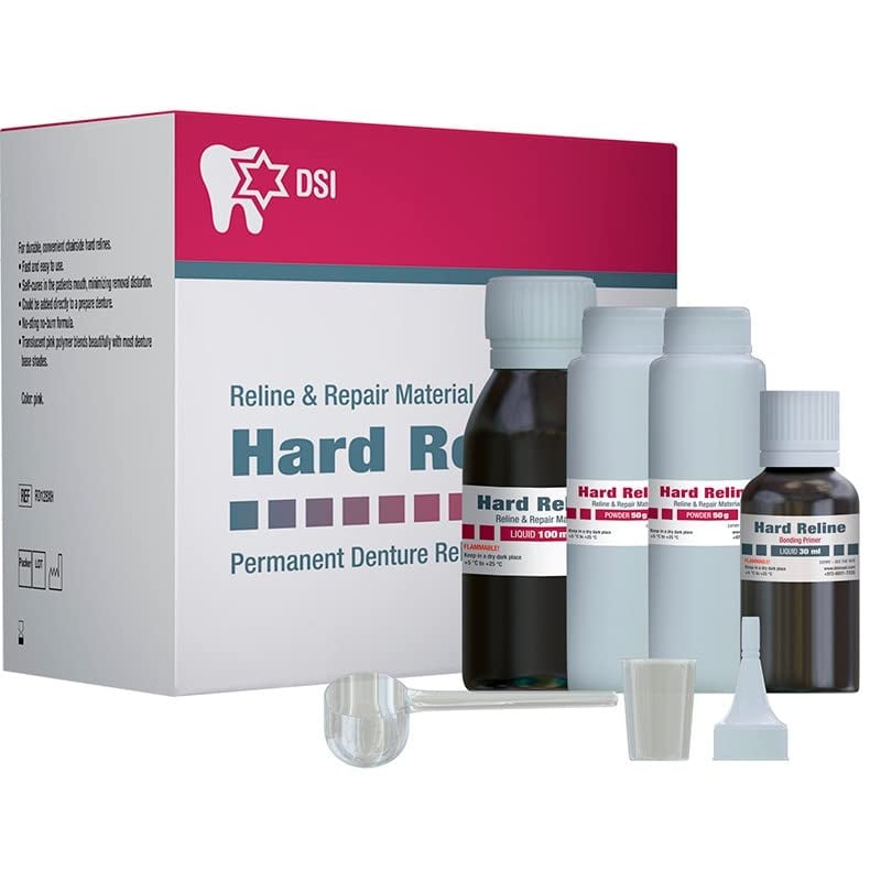 DSI Hard Denture Reline Kit, Translucent Pink, 2 x 50 g Polymer Powder, 100 ml Monomer Liquid, 30 ml Bonding Primer