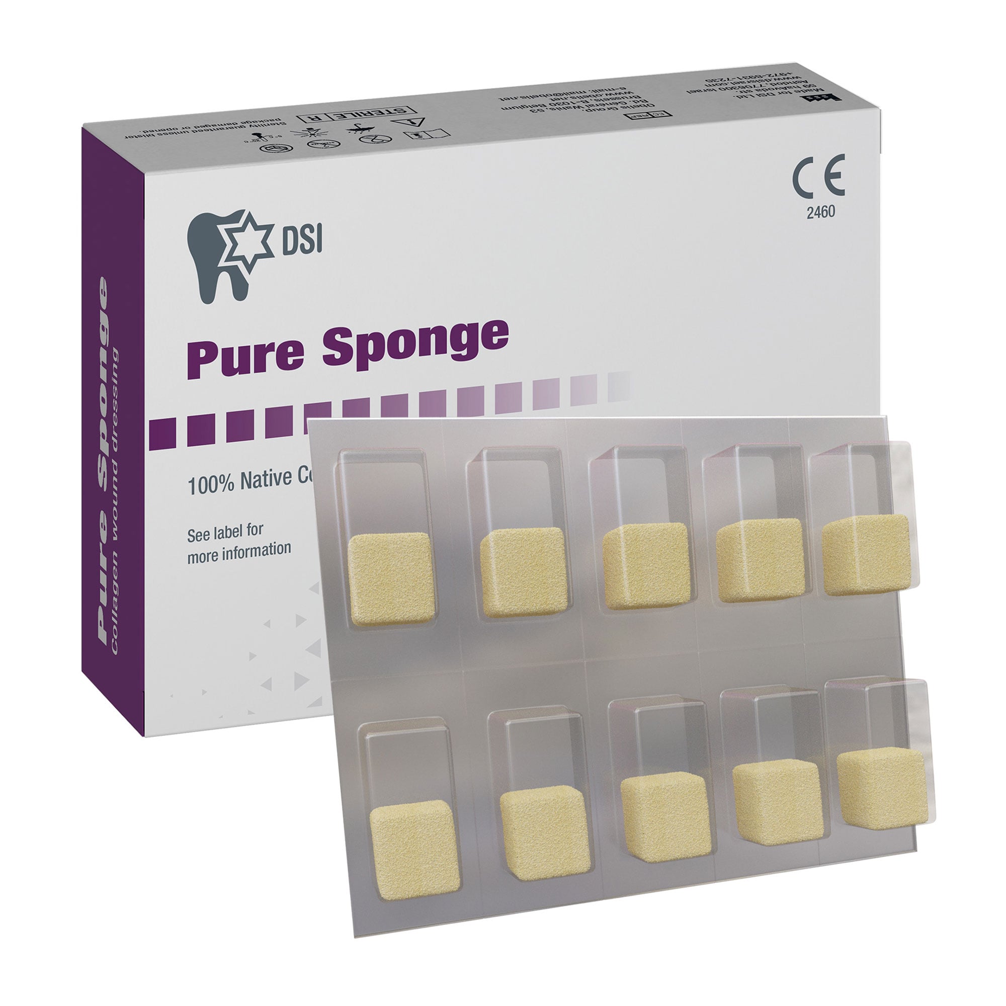 DSI Pure Sponge Absorbable Bovine Collagen, 10mm Cube, Sterile, Blister Pack of 10