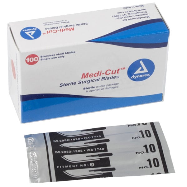 Dynarex Medicut #10 Sterile Surgical Scalpel Blades, Stainless Steel, Individually Foil Packaged, 100/Box, #4130