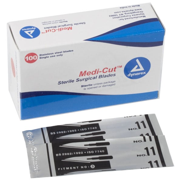 Dynarex Medicut #11 Sterile Surgical Scalpel Blades, Stainless Steel, 100/Box (SKU 4131)