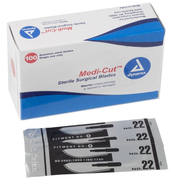 Dynarex Medicut #22 Sterile Surgical Scalpel Blades, Stainless Steel, 100/Box (4142)