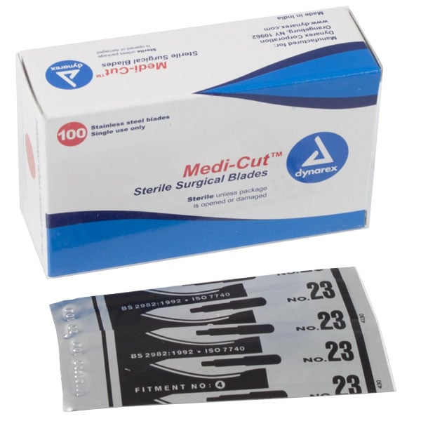 Dynarex Medicut #23 Sterile Surgical Scalpel Blades, Stainless Steel, Individually Foil Packaged, 100/Box, #4143