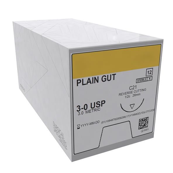 House Brand 3/0 Plain Gut Suture, 27" with C-6 Reverse-Cutting 19mm Needle (3/8 Circle), Box of 12
