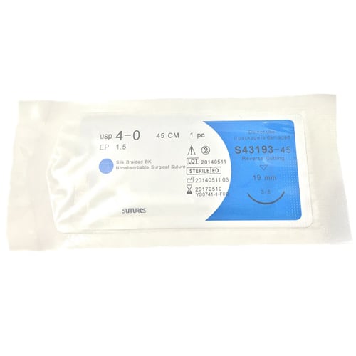 House Brand 4/0 Silk Black Braided Non-Absorbable Suture, 18" (45 cm), Reverse Cutting Needle 3/8 Circle 19 mm, Box of 12