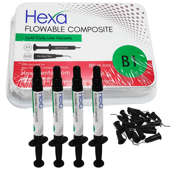 Hexa Flowable Composite B1, Light Cure, Low Viscosity, 4 x 2g Syringes with 20 Bent Tips