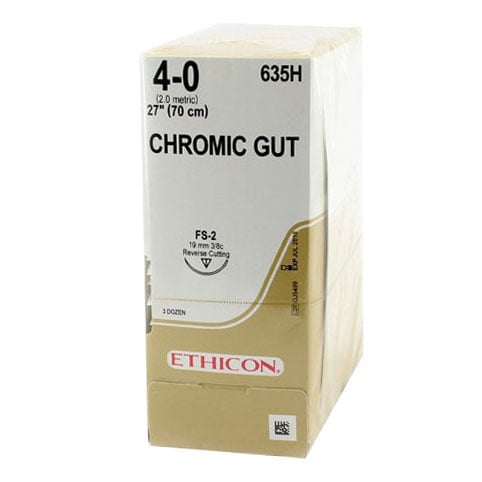 Ethicon Chromic Gut Absorbable Suture, 4-0, 27" (69 cm), Reverse Cutting FS-2 Needle (3/8 Circle, 19 mm), Box of 36