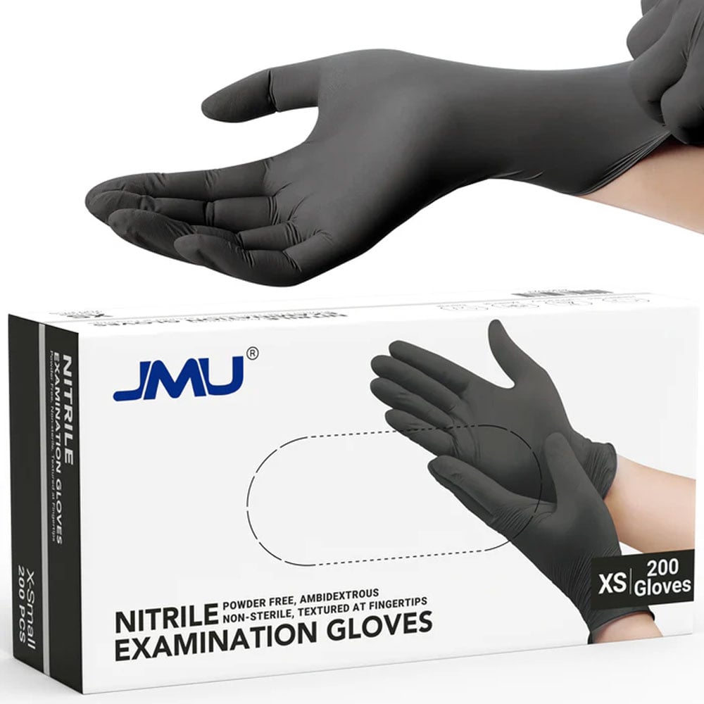 JMU Nitrile Examination Gloves, Powder-Free, Non-Sterile, Black, X-Small, 200/Box