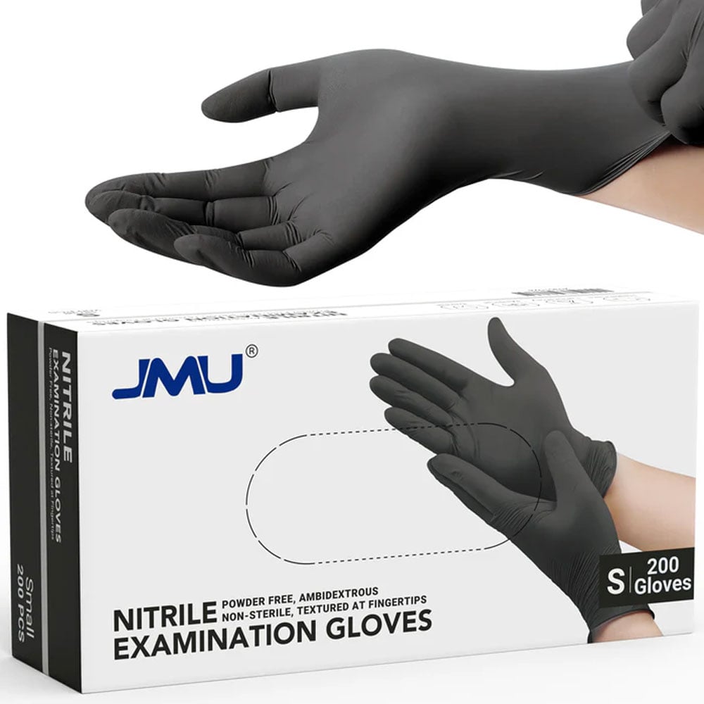 JMU Nitrile Examination Gloves, Powder-Free, Non-Sterile, Black, Small, 200/Box