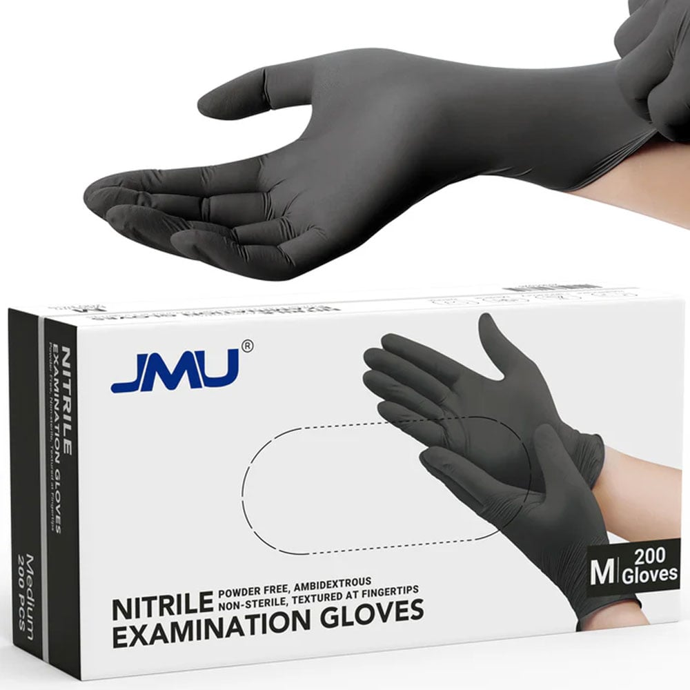 JMU Nitrile Examination Gloves, Powder-Free, Non-Sterile, Medium, Black, 200/Box