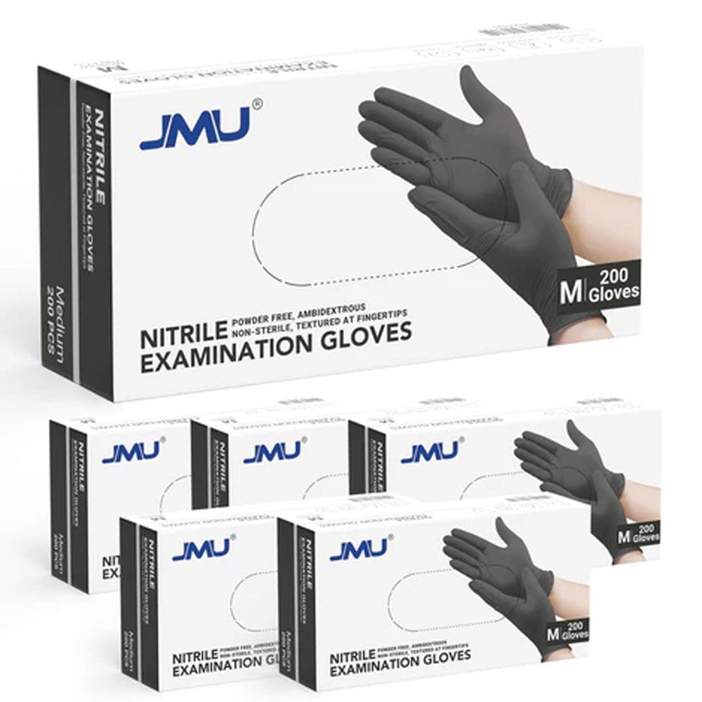 JMU Nitrile Examination Gloves, Powder-Free, Non-Sterile, Black, Medium, 1200/Case (6 Boxes of 200)