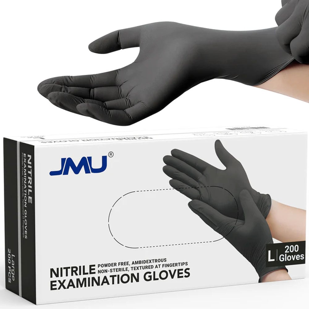JMU Nitrile Examination Gloves, Powder-Free, Non-Sterile, Large, Black, 200/Box