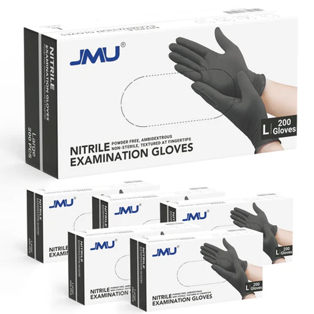 JMU Nitrile Examination Gloves, Powder-Free, Non-Sterile, Large, Black, 1200/Case (6 Boxes of 200)