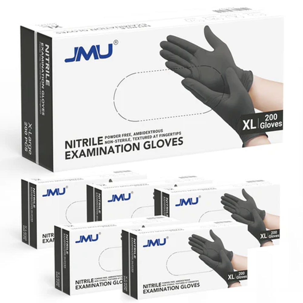JMU Nitrile Examination Gloves, Powder-Free, Non-Sterile, Black, X-Large, 1200/Case (6 Boxes of 200)