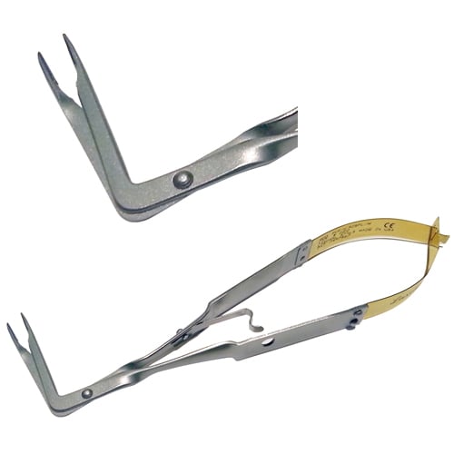 Laschal 90 Degree Angle East/West Steiglitz Style Forceps with Thumb Lock, Serrated Carbide Inserts