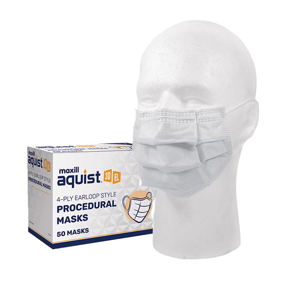 Maxill Aquist 3D ASTM Level 3 4-Ply Earloop Procedural Masks, White, 50/Box