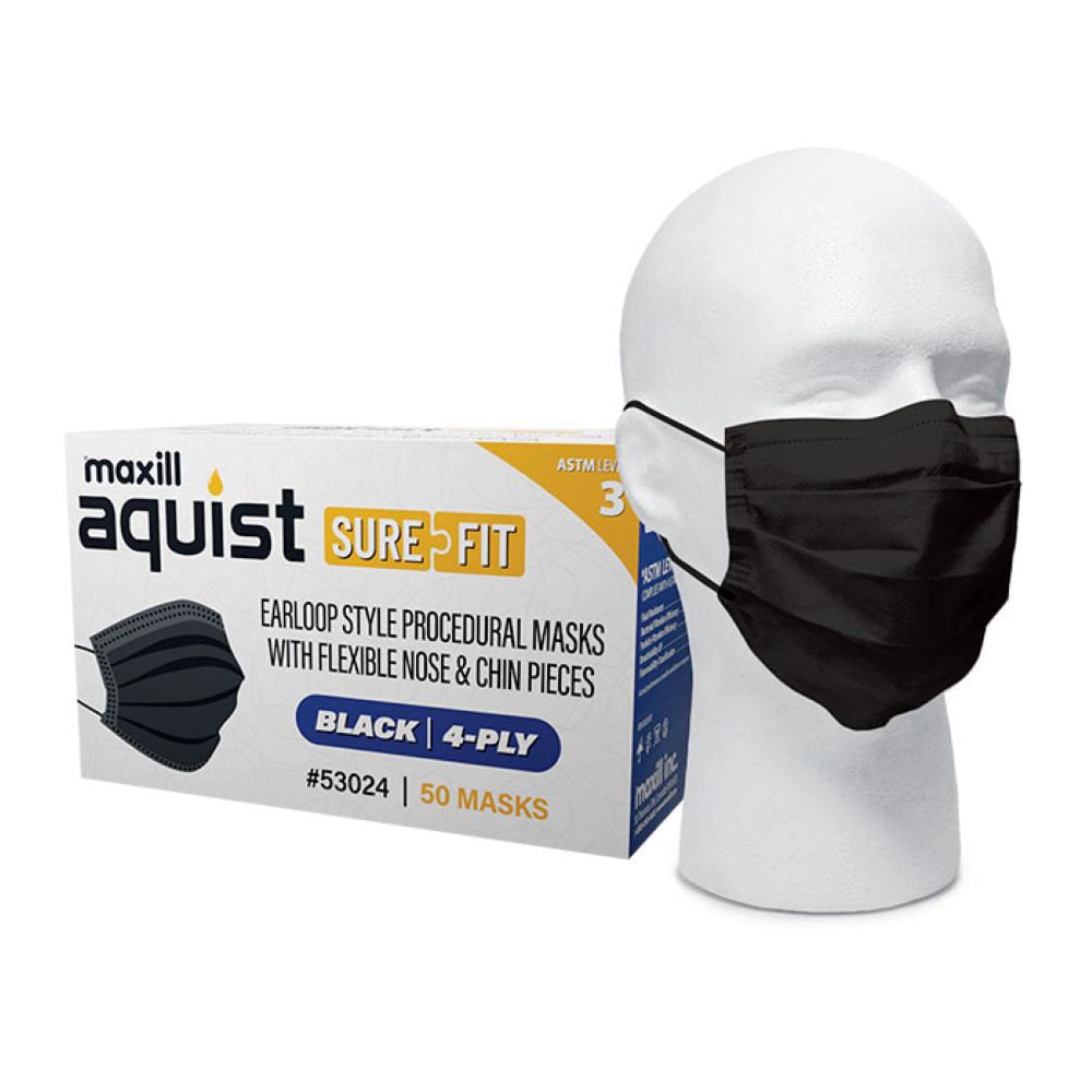 Maxill Aquist SureFit 4-Ply ASTM Level 3 Earloop Mask with Nose & Chin Strips, Black, 50/Box