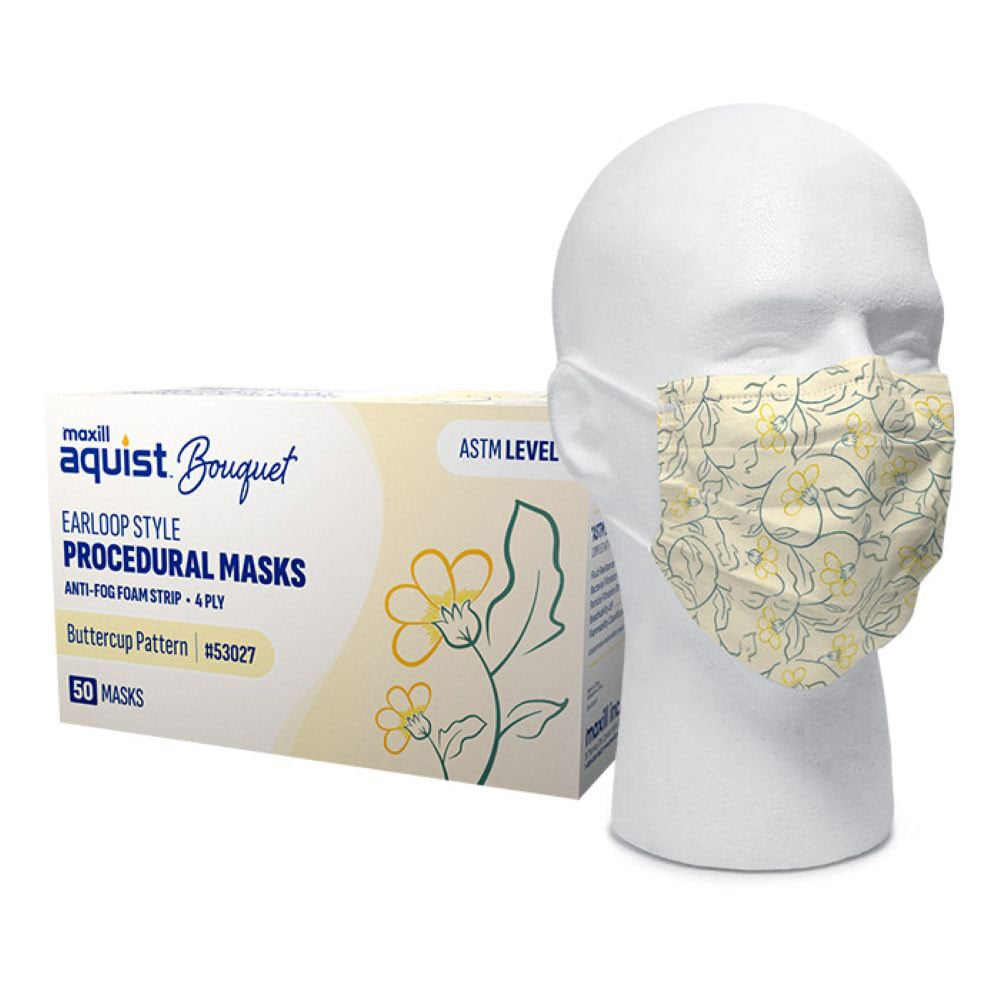 Maxill Aquist Bouquet 4-Ply ASTM Level 3 Earloop Mask, Buttercup, 50/Box