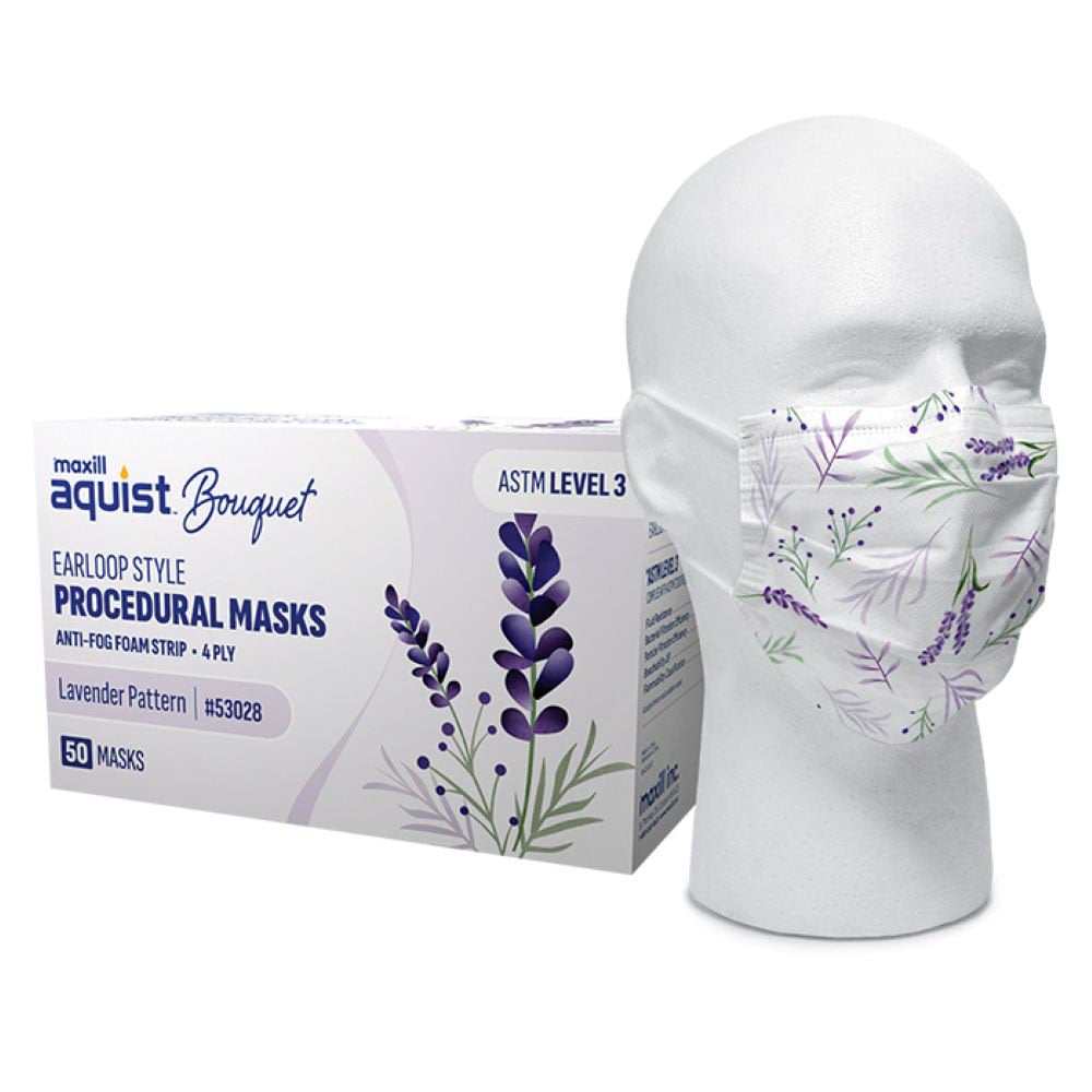 Maxill Aquist Bouquet 4-Ply ASTM Level 3 Earloop Mask, Lavender, 50/Box