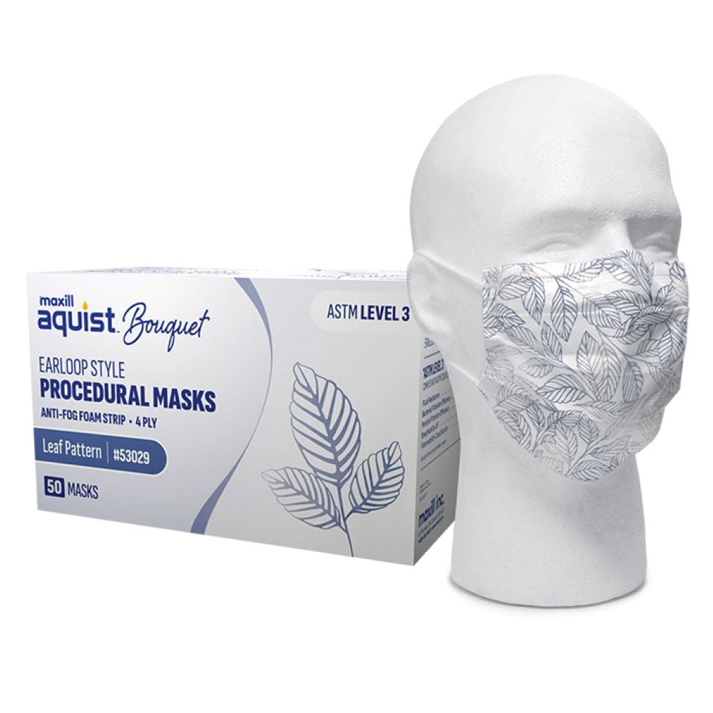 Maxill Aquist Bouquet 4-Ply ASTM Level 3 Earloop Mask, Leaf Pattern, 50/Box