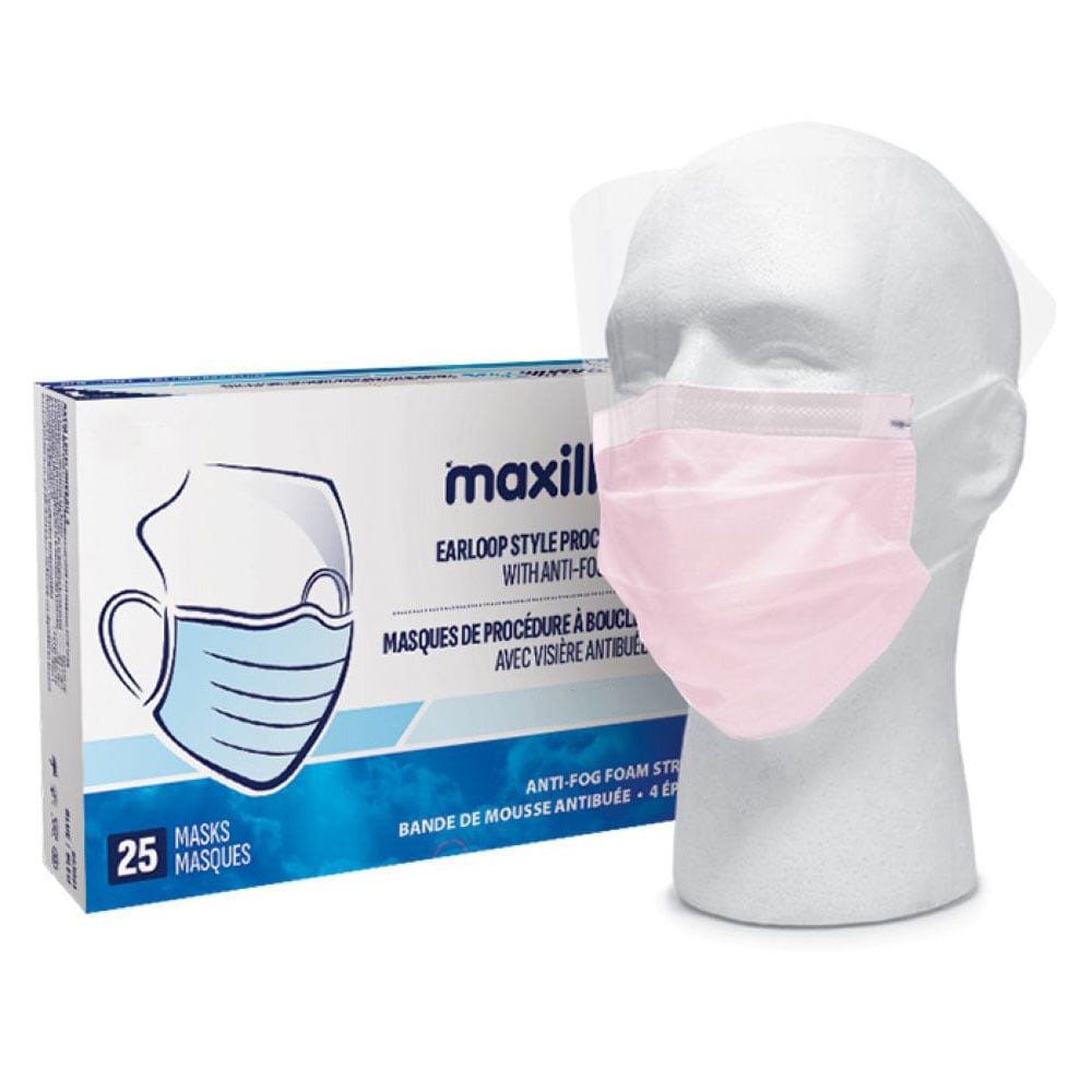 Maxill Plus 4-Ply ASTM Level 3 Earloop Mask with Anti-Fog Visor, Pink, 25/Box