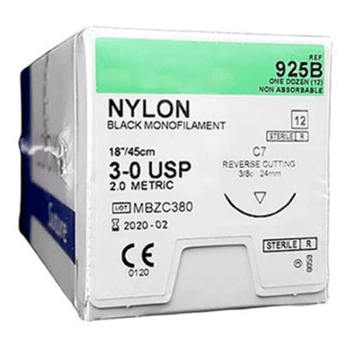 Reli 3/0 Black Nylon Sutures, 18" with C-7 Reverse-Cutting 24mm Needle (3/8 Circle), Box of 12