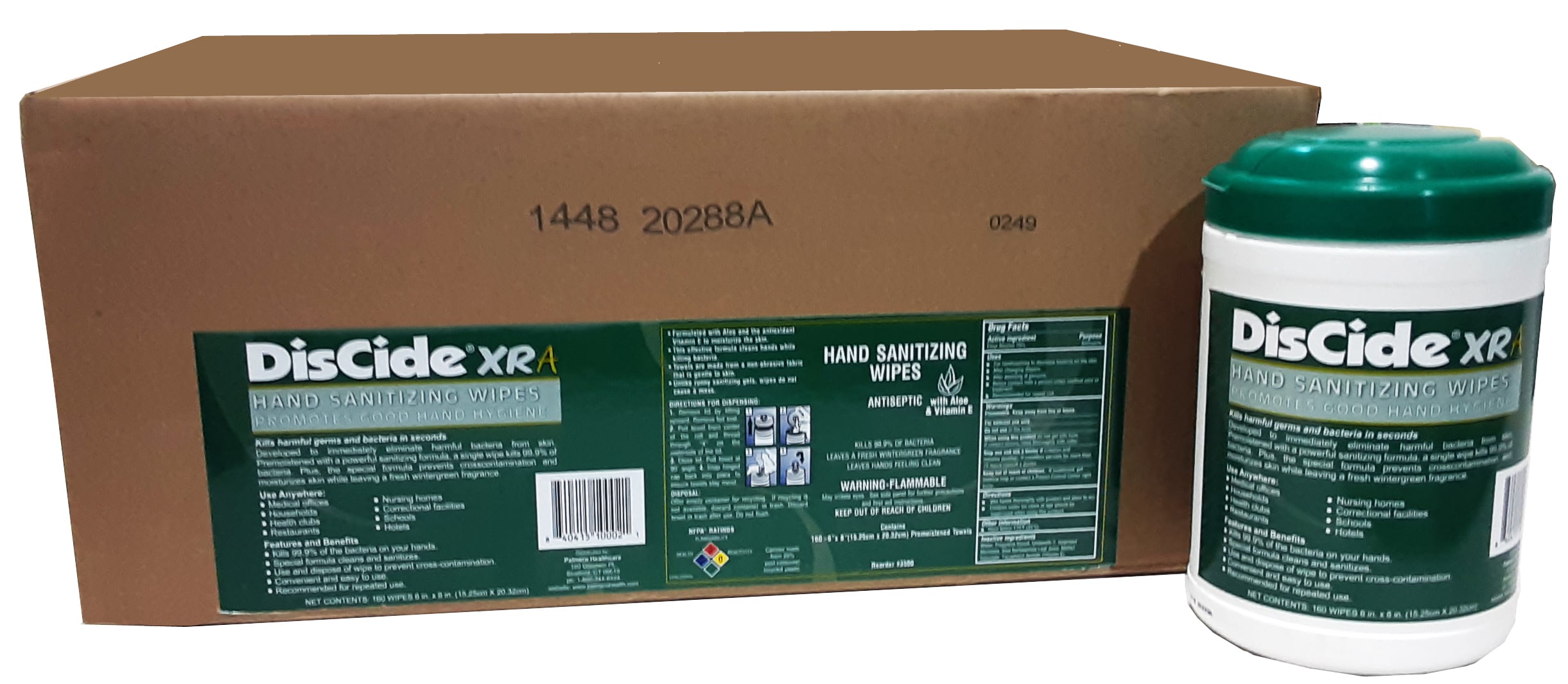 DisCide XRA Hand Sanitizing Wipes, 6" x 8", Wintergreen, 160 Wipes/Can, Case of 12 Cans
