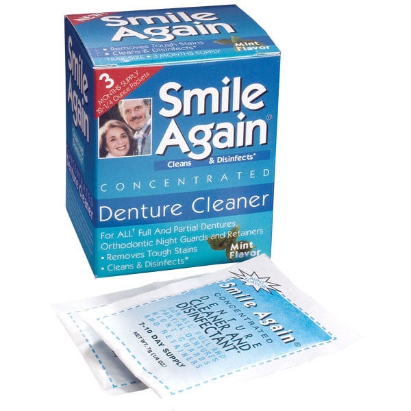 Smile Again Denture Cleaner, Mint, 44 Foil Packets (2 Boxes of 22), Concentrated Cleansing & Disinfecting Solution