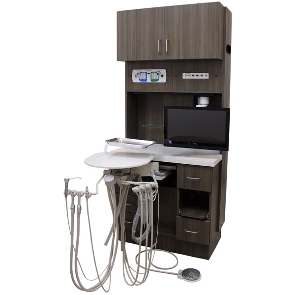Signature Series 12 O'Clock Rear Cabinet with 5069 Delivery Unit (3 HP, HVE/SE Triple Syringe, Formica Countertop, Swivel Tray, Computer Sliding Bracket)