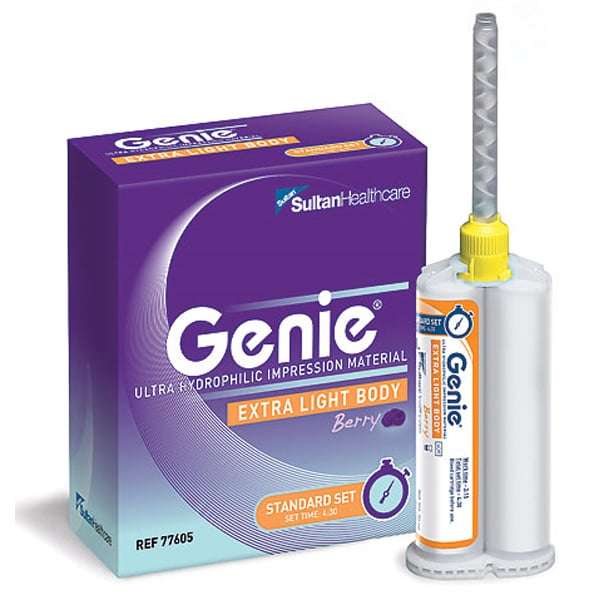 Sultan Genie VPS Impression Material, Extra-Light Body, Rapid Set, Berry Flavor, 2 x 50 mL Cartridges, 6 Mixing Tips, 6 Intraoral Tips