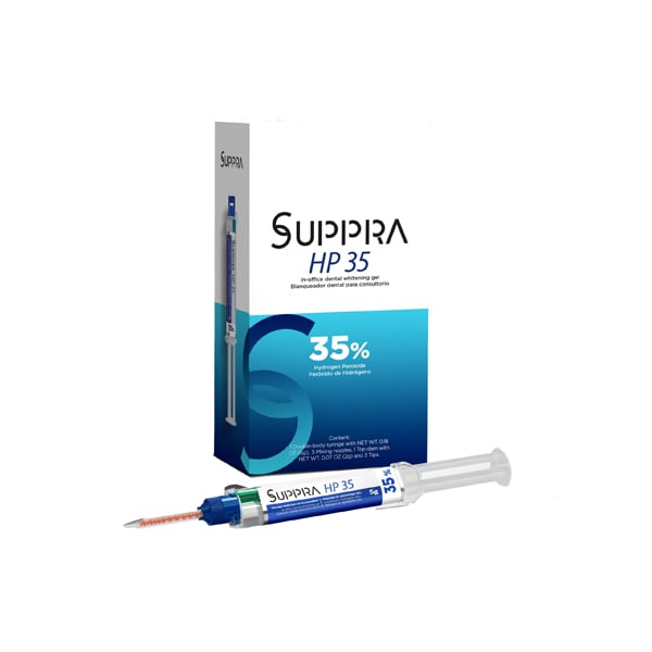 SUPPRA HP 35 Hydrogen Peroxide In-Office Whitening Kit (5g Syringe, 5 Mixing Nozzles, 3 Applicator Tips, 2g Dam Syringe)