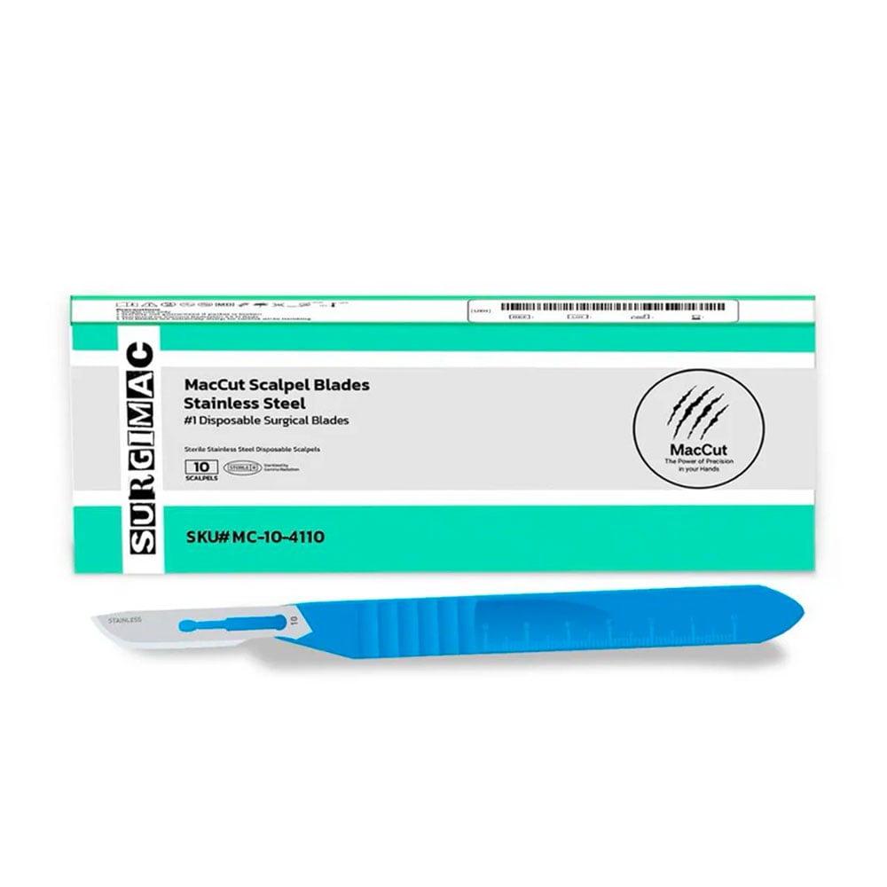 MacCut #10 Sterile Stainless Steel Surgical Scalpel Blade with Plastic Handle, 10/Box