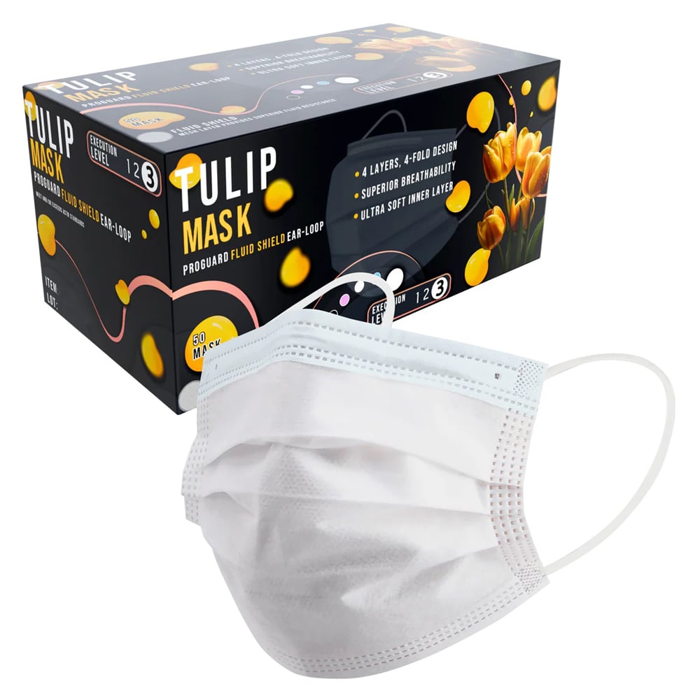 Tulip 4-Ply 4-Fold ASTM Level 3 Surgical Masks, White, 50/Box