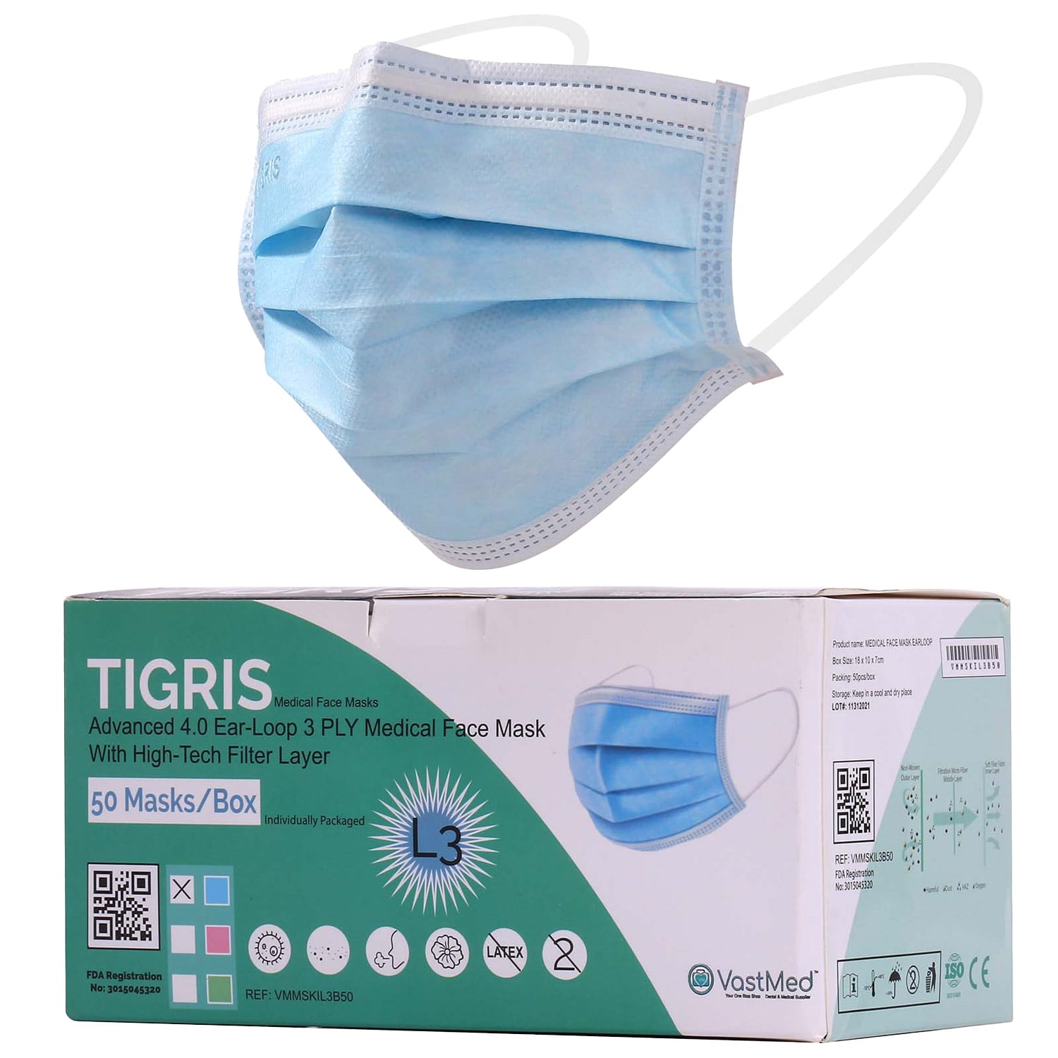 VastMed TIGRIS Level 3 Procedural Earloop Mask, 3-Ply, Blue, 50/Box