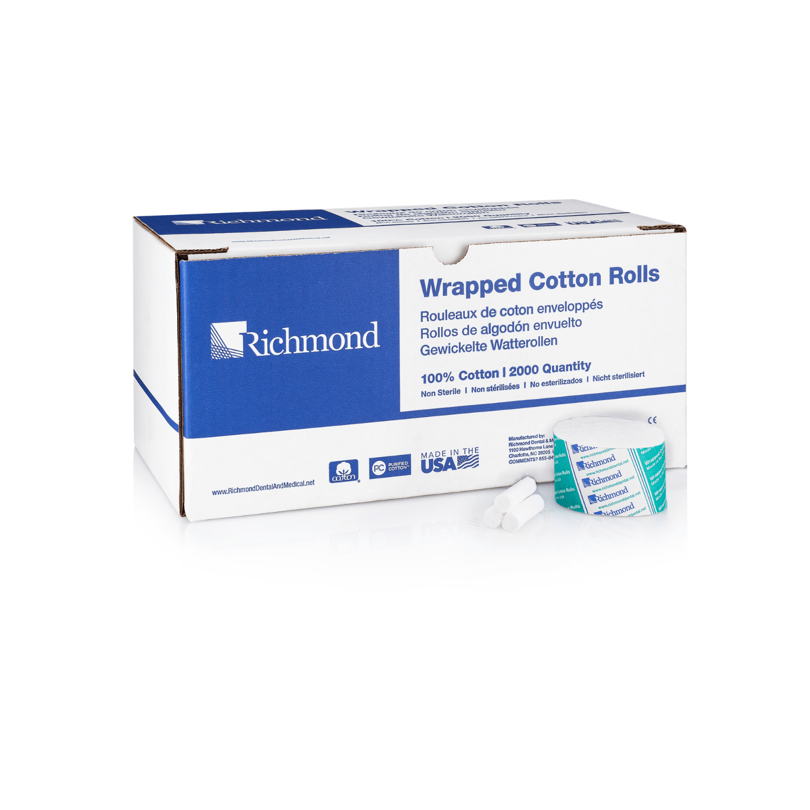 Richmond Wrapped Cotton Rolls, Medium, 1.5" x 3/8", Non-Sterile, 2000/Box, 200404