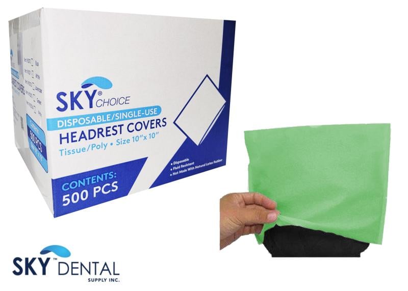 Sky Choice Premium Headrest Cover, Tissue+Poly, 10" x 10", Green, 500/Case