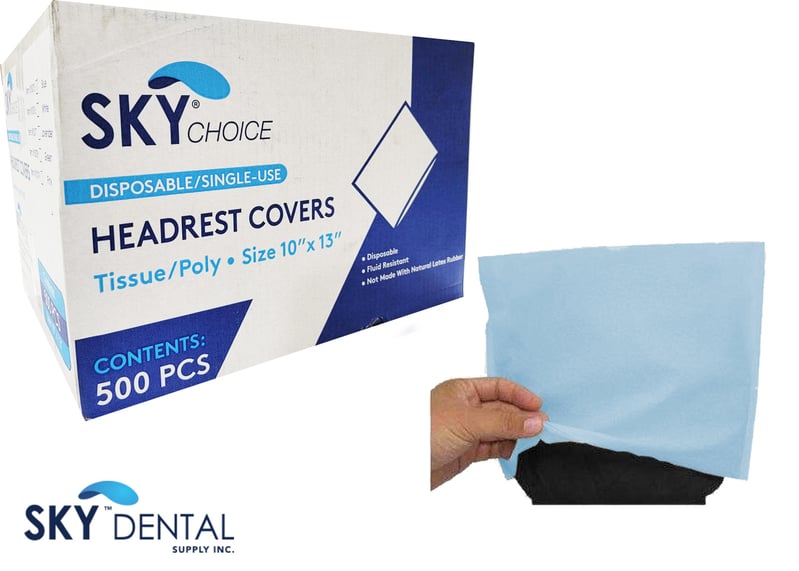 Sky Choice Premium Headrest Cover, Tissue+Poly, 10" x 13", Blue, 500/Case
