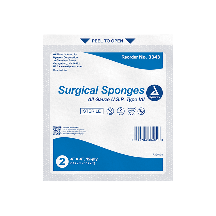 Dynarex Surgical Gauze Sponge, Sterile, 4" x 4", 12 Ply, 600/Cs, #3343